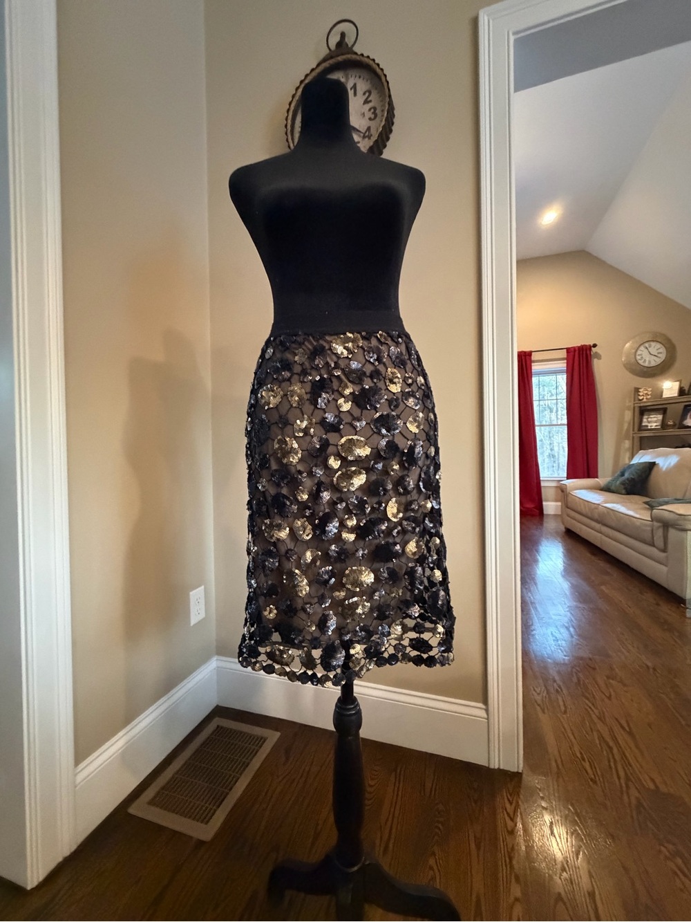 Black & Gold BCBG Sequin Petal Midi Skirt